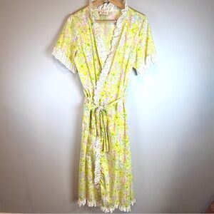 Vintage Lilly Pulitzer Maxi Wrap Robe (THE LILLY) Yellow Pink Floral Eyelet Trim